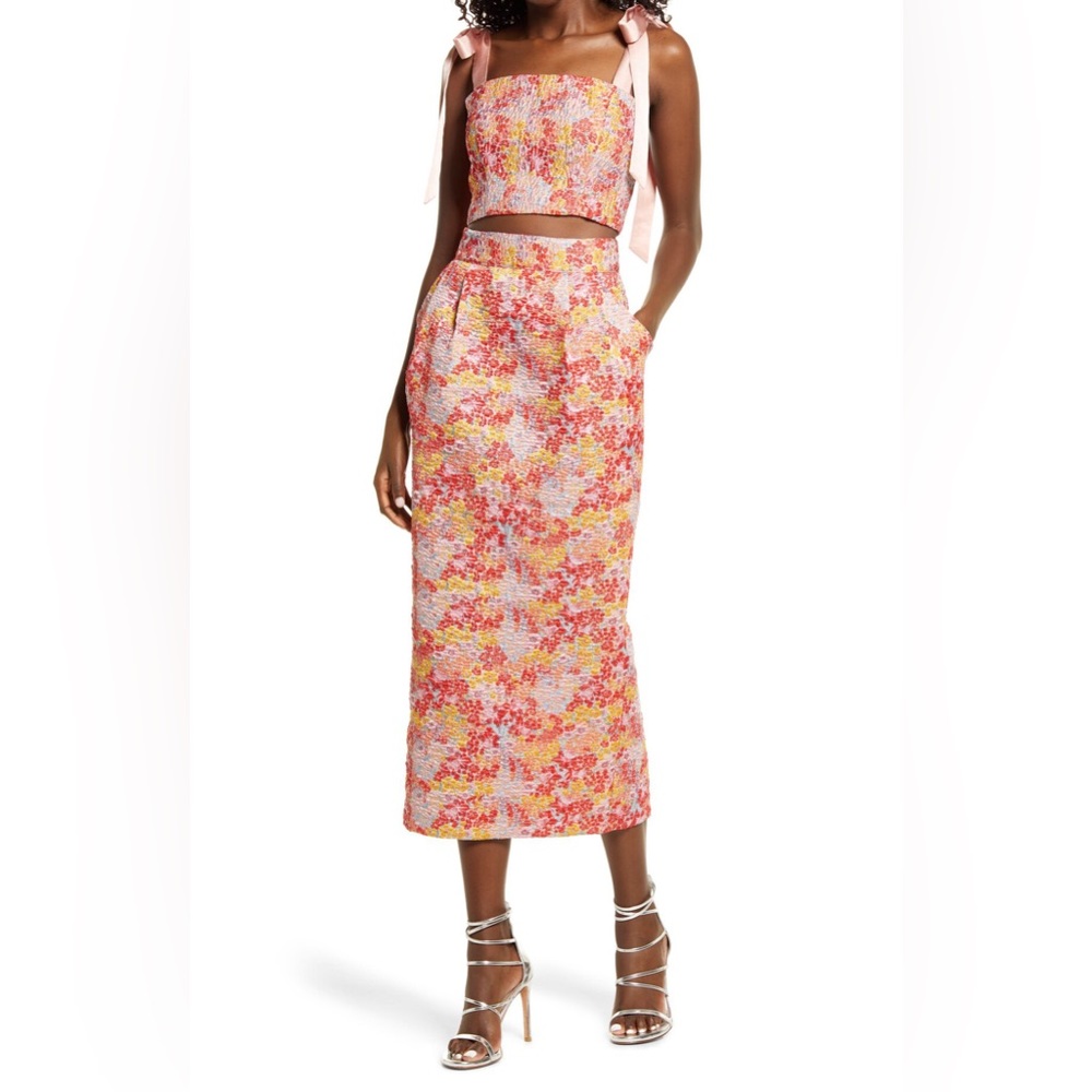 Lulu’s Ellarina Pink Multi Metallic Tie-Strap Two-Piece Midi Dress in Size Small